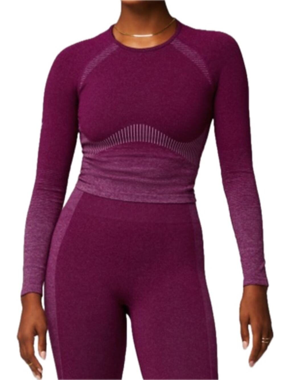 Fabletics Wine Berry Maroon Seamless Sport Stripe Long Sleeve Top size M NEW Tag